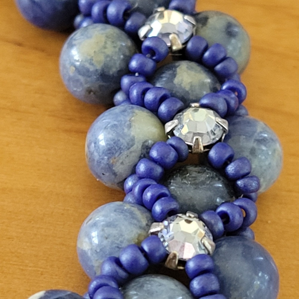 Intricate Blue Stone Seed Bead Bracelet Rhinestone Toggle Woven 21g